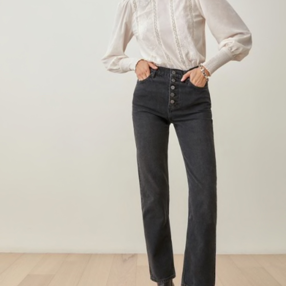 REFORMATION Cynthia Button Fly High Rise Straight Black/Grey Jeans 29